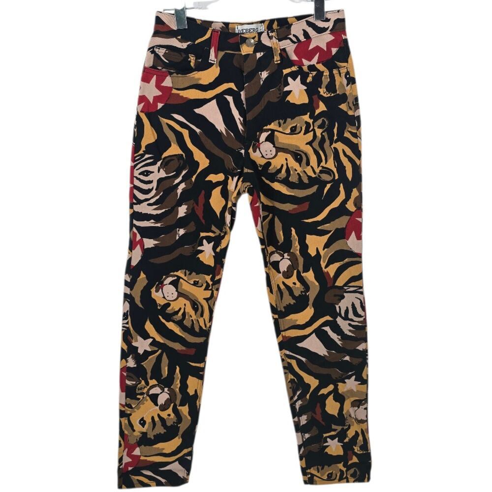 Iceberg Y2K Tiger Print Jeans Made In Italy Graphic Animal Slim Straight Size 44